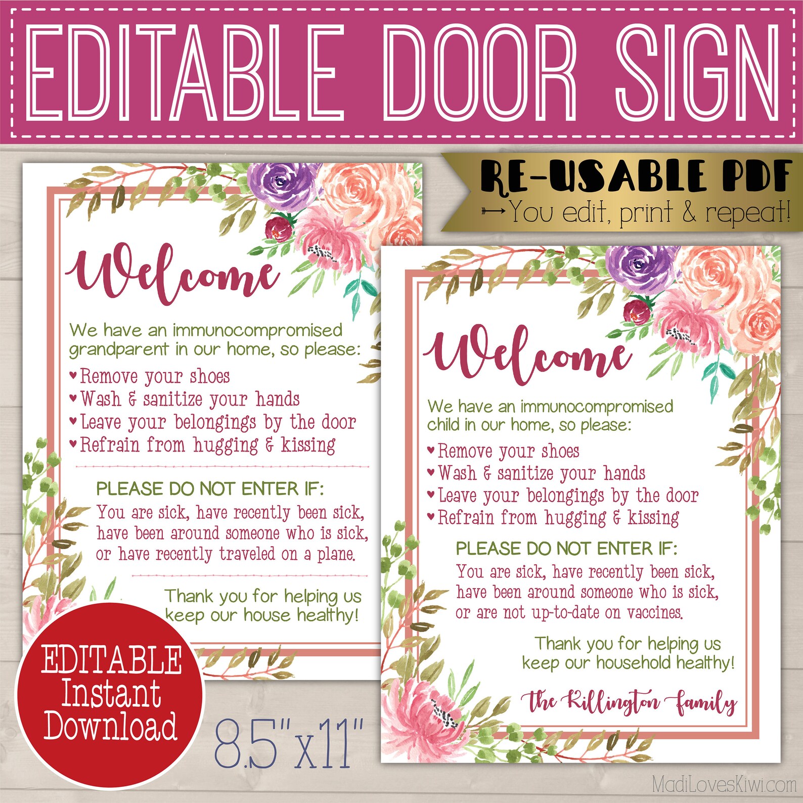 Weak Immune System Poster for Door, Welcome Sign Printable Immunocompromised, Editable Wash Hand ...