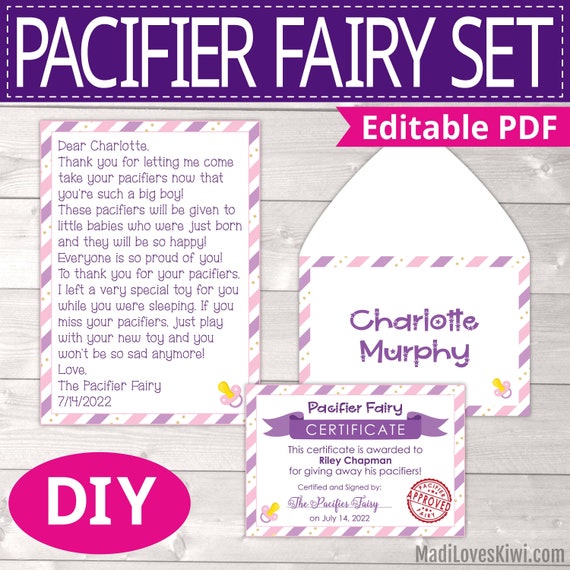 Printable Pink Pacifier Fairy Letter PDF, Personalized Binky Certificate Note Idea Editable Paci Instant Download for Girl Toddler Kid Dummy Il_570xn