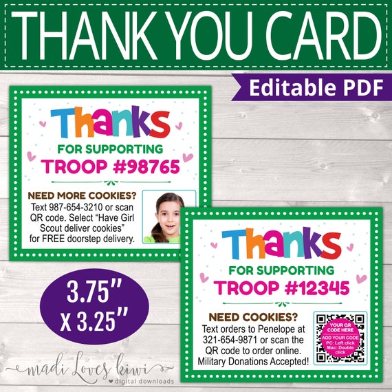 EDITABLE Girl Scout Cookie Thank You Card with QR Code, Printable Order Sales Receipt Instant Download, Booth Seller Note Contact Info Form Il_570xn