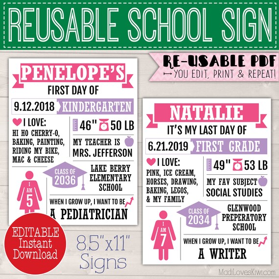 Infographic First Day of School Sign Printable, Pink & Purple Last Day Photo Prop EDITABLE, End of Year Digital 1st Reusable Back to School Il_570xn