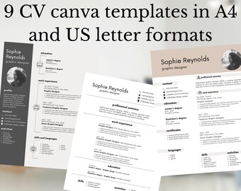 9 resume editable canva templates in A4 and US letter