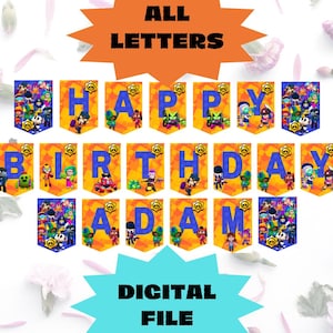 May include: A digital printable banner with the words "Happy Birthday Adam" in blue letters on a yellow and orange background. The letters are decorated with cartoon characters. The banner is perfect for a birthday party.