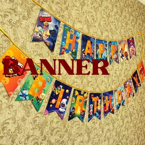 May include: A vibrant birthday banner with the words "HAPPY BIRTHDAY" and "BANNER" displayed. The banner is decorated with cartoon characters and strung on a yellow cord, suitable for a celebration.