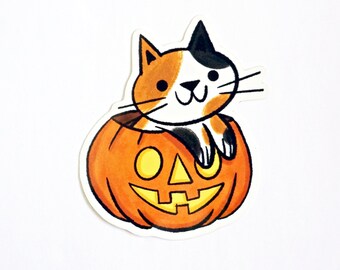 Jack-O-Lantern Calico Cat Halloween Vinyl Sticker