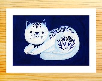 Lámina artística de gato azul de Delft de 5 x 7 pulgadas