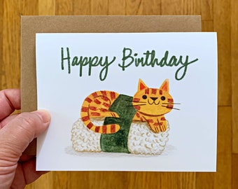 Sushi Cat Happy Birthday Greeting Card Cute Fun Kawaii