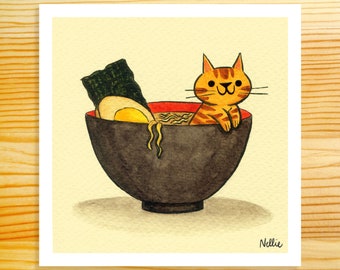 Ramen Noodle Cat 5x5 Food Art Print