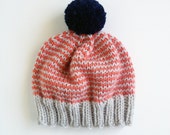 SALE!! Platinum, Coral, Navy Hand-Knit Beanie with Pom Pom- Made to Order