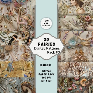 Padrões digitais bordados artificiais 3D caprichosos Fadas e florais sem costura Download instantâneo Uso comercial Fadas impressas em 3D Papéis digitais
