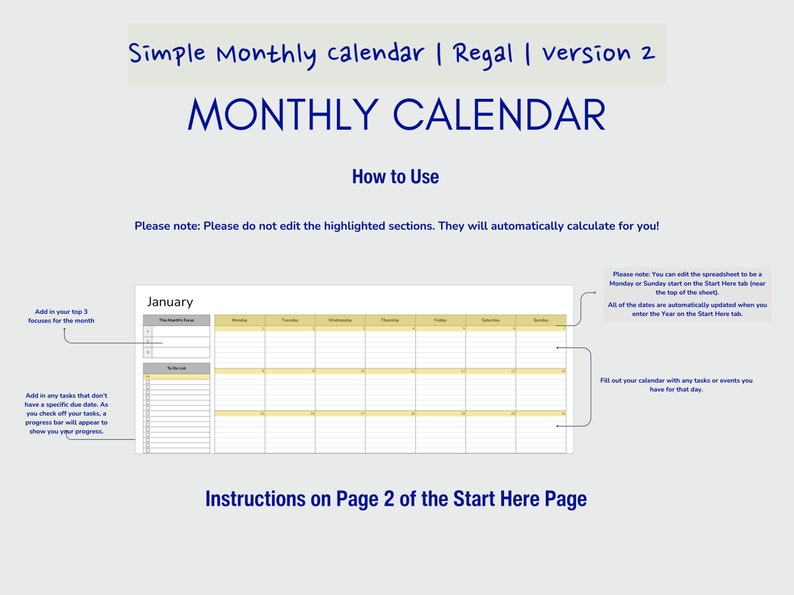 Monthly Calendar Automated Google Sheets Editable Template Daily ...