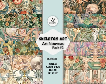Spookachtig skeletkunst digitaal naadloos patroon Art Nouveau-thema Instant Download Perfect voor doe-het-zelfprojecten Commercieel gebruik Halloweendecoratie
