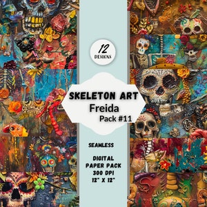 12 Colorful designs of digital seamless patterns, Freida Dia de los Muertos, skeleton art.  Make great Halloween decorations.