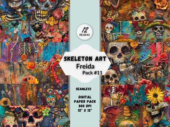 Digital Seamless Pattern Creepy Skeleton Art Freida Dia de los Muertos Instant Download for DIY Projects Commercial Use Halloween Decoration