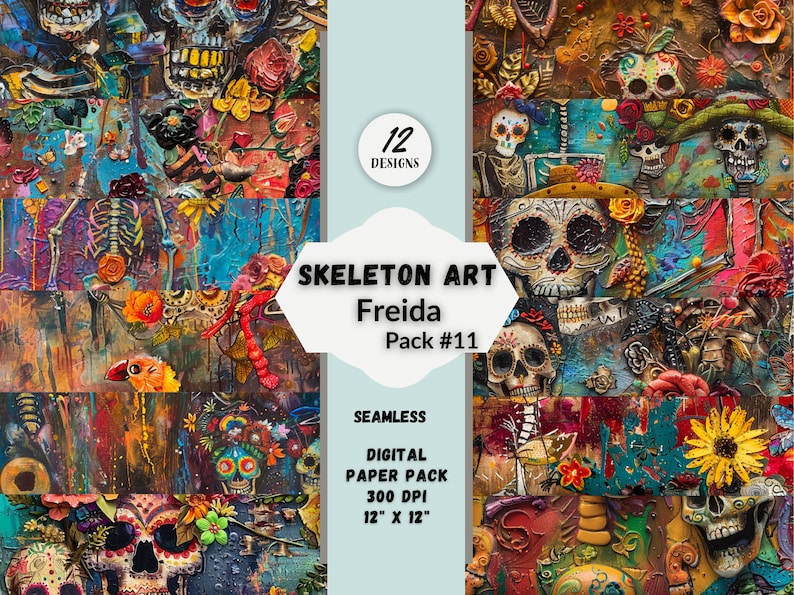 12 Colorful designs of digital seamless patterns, Freida Dia de los Muertos, skeleton art.  Make great Halloween decorations.