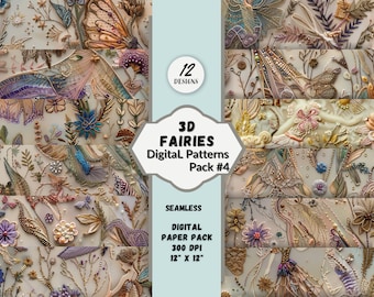 Motifs numériques brodés 3D fantaisistes, fées et fleurs, sans couture, téléchargement immédiat, usage commercial, papier numérique fées 3D, impression