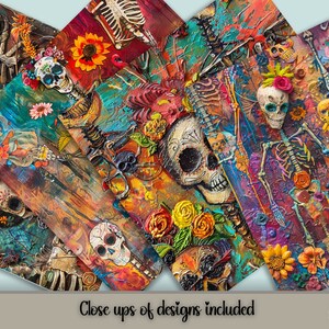 12 Colorful designs of digital seamless patterns, Freida Dia de los Muertos, skeleton art.  Make great Halloween decorations.
