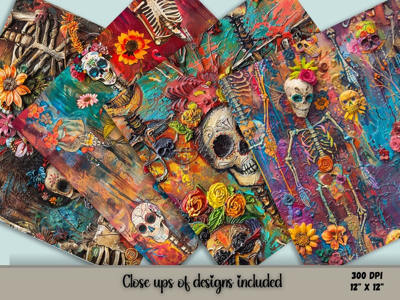 12 Colorful designs of digital seamless patterns, Freida Dia de los Muertos, skeleton art.  Make great Halloween decorations.