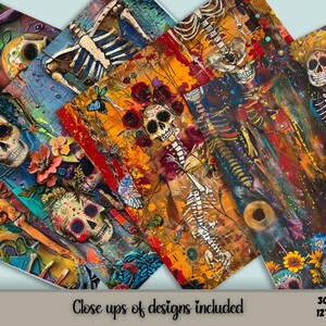 12 Colorful designs of digital seamless patterns, Freida Dia de los Muertos, skeleton art.  Make great Halloween decorations.