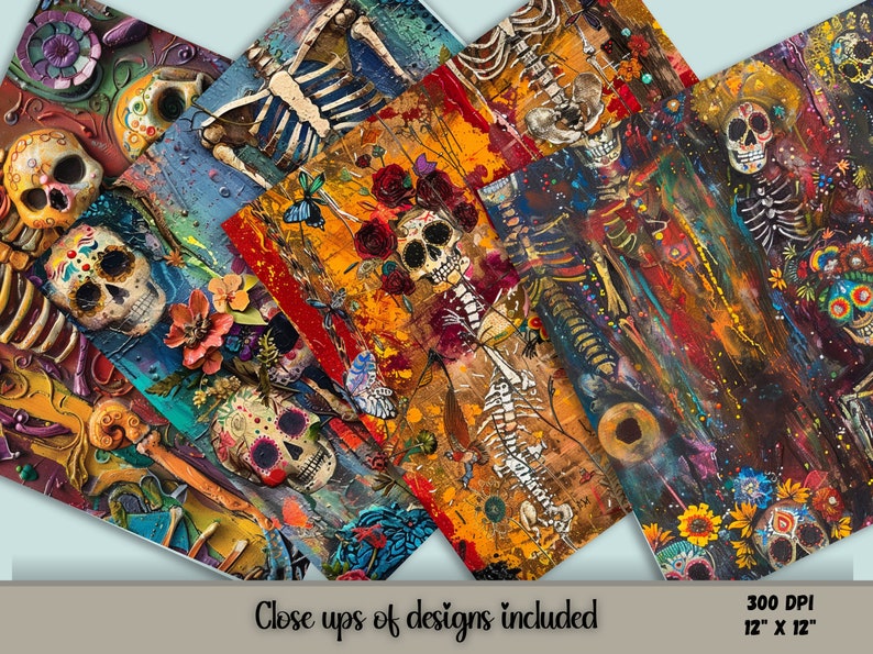 12 Colorful designs of digital seamless patterns, Freida Dia de los Muertos, skeleton art.  Make great Halloween decorations.