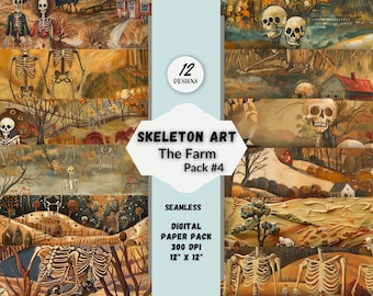 Naadloze patronen Spookachtig skeletkunst op de boerderij Direct downloaden voor doe-het-zelfprojecten Commercieel gebruik Herhalend ontwerp Unieke Halloween-kunst
