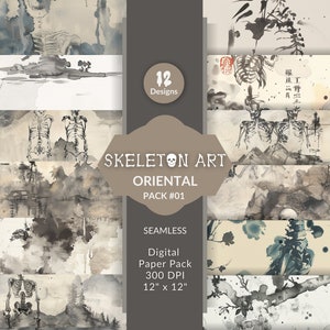 May include: A digital paper pack with 12 seamless patterns featuring skeletons in an oriental style. The patterns are in black, white, and gray with a watercolor effect. The pack is 12 inches by 12 inches and 300 DPI.