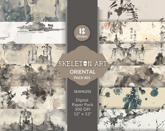 Halloween Vintage Spooky Skeletons Digital Paper Seamless Gothic Neutral Perfect for DIY Projects Digital Download Oriental Theme Decoration