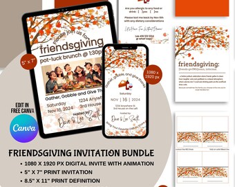 Puede incluir: Un paquete de invitaciones de Friendsgiving con invitaciones digitales e impresas y tarjetas de lugar. El diseño presenta follaje otoñal y un grupo de amigos. El paquete incluye una encuesta de alergias. La invitación digital es de 1080 x 1920 px, y la invitación impresa es de 12,7 cm x 17,8 cm.