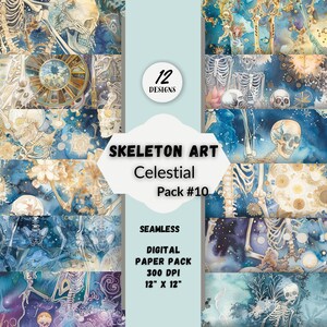 May include: A digital paper pack with 12 seamless patterns featuring celestial-themed skeletons, skulls, and stars in shades of blue, gold, and white. The pack is 30.5 cm by 30.5 cm and 300 DPI.