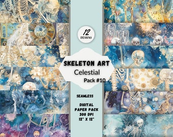 Spooky Skeleton Art Seamless Patterns Celestial Theme Instant Download for DIY Creations Commercial Use Printable Halloween Unique Designs