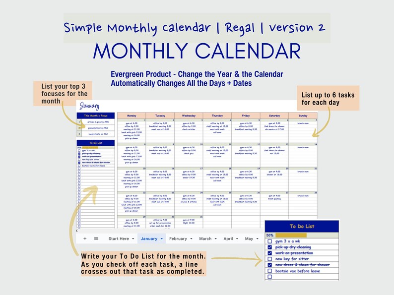 Monthly Calendar Automated Google Sheets Editable Template Daily ...