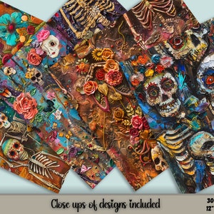 12 Colorful designs of digital seamless patterns, Freida Dia de los Muertos, skeleton art.  Make great Halloween decorations.