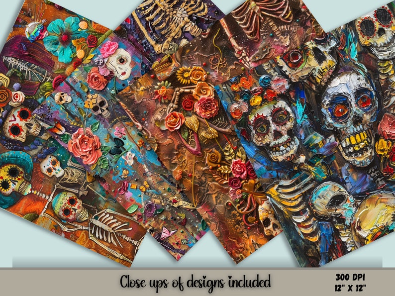 12 Colorful designs of digital seamless patterns, Freida Dia de los Muertos, skeleton art.  Make great Halloween decorations.