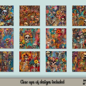 12 Colorful designs of digital seamless patterns, Freida Dia de los Muertos, skeleton art.  Make great Halloween decorations.