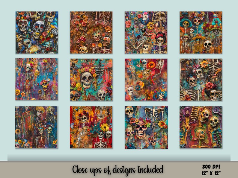 12 Colorful designs of digital seamless patterns, Freida Dia de los Muertos, skeleton art.  Make great Halloween decorations.