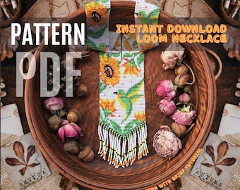 PDF Beaded Hummingbird necklace pattern, Sunflower Colibri bird Ornament Hand Beaded tutorial, Hummingbird Seed Beaded loom necklace pattern