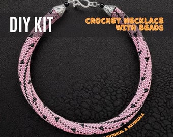 DIY Pink Bead Crochet Necklace Kit, Pink Black rope craft