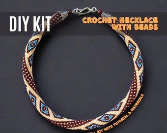 DIY Beige Blue Crochet Necklace Kit, Tribal Beaded Jewelry rope craft