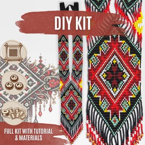 May include: A DIY kit for a beaded necklace featuring a geometric diamond pattern in red, black, yellow, and light green. The kit includes a loom, beads, and thread, with the text DIY KIT and FULL KIT WITH TUTORIAL & MATERIALS visible.