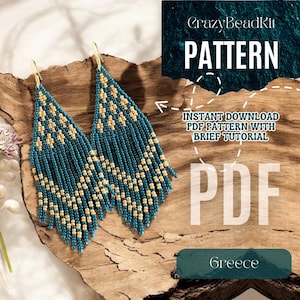 May include: A pair of teal and gold beaded earrings with a fringe design. The earrings are on a wooden surface. The image includes the text "Crazy Bead Kit PATTERN PDF INSTANT DOWNLOAD PDF PATTERN WITH BRIEF TUTORIAL PDF Greece".