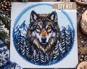 DIY Wolf Bead Embroidery Kit, Woodland Animal Needlework Craft, Handmade Beaded Artwork, Nature Inspired Hobby Kit, Gift for Her