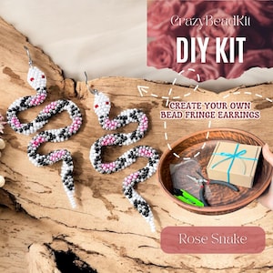 May include: DIY kit to create your own beaded snake fringe earrings. The kit includes beads in white, black, and pink, along with instructions and tools. The earrings are called "Rose Snake".