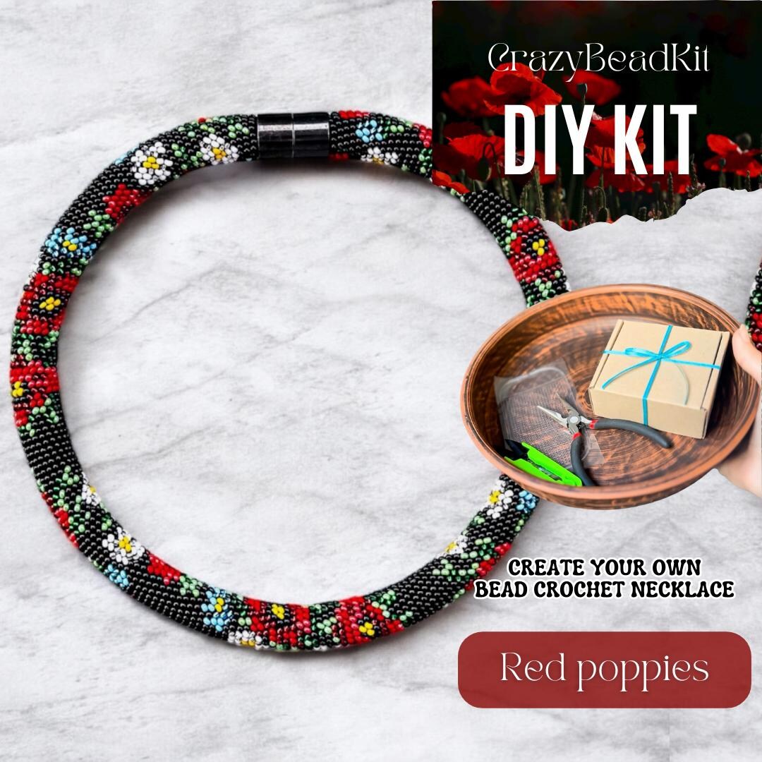 DIY Bead Crochet Necklace Kit | Floral Rope With Red Poppies | Complete