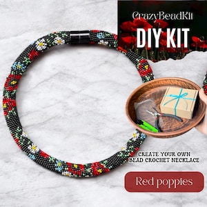 DIY Bead Crochet Necklace Kit | Floral Rope with Red Poppies | Complete Beading Kit with Pattern, Beads & Tools for Beginners