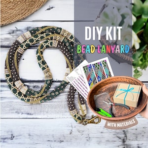 DIY KIT hippie autumn colors patchwork lanyard, boho bead crochet rope holder, Easy Crochet Diy Kit, Learn How To Crochet, crochet Craft
