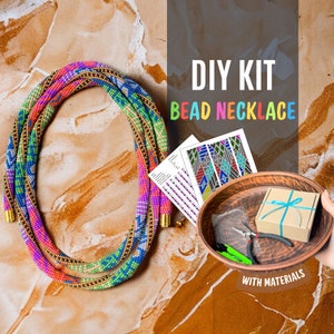 DIY KIT Bead Crochet colorful native necklace lanyard, Rope Jewelry pattern, Kit to craft tribal style necklace, Beadweaving Crafter Gift