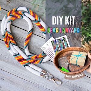 DIY KIT Bead Crochet colorful native lanyard, diy Rope Jewelry pattern, kit for tribal style necklace, Bead weaving Crafter Gift box for her