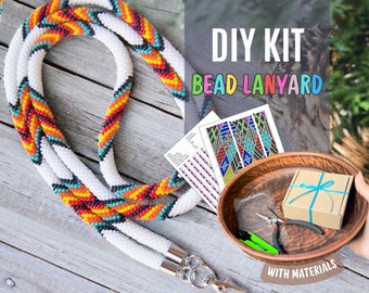 DIY KIT Bead Crochet colorful native lanyard, diy Rope Jewelry pattern, kit for tribal style necklace, Bead weaving Crafter Gift box for her