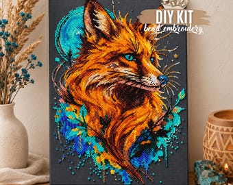 DIY Tribal Orange Fox Bead Embroidery Kit, Woodland Animal Needlework Craft, Boho Inspired Beaded Artwork, Gift for Crafters