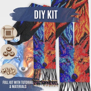 May include: A DIY kit for a beaded loom project featuring a fox design split between blue and orange colours. The kit includes a loom, beads, thread, and a tutorial. The finished beaded strips display a vibrant fire and ice fox pattern with black fringe.