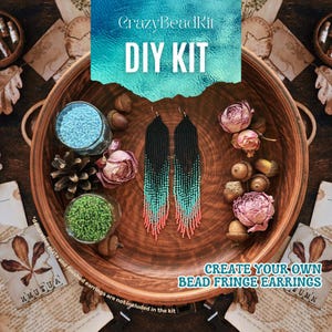May include: DIY kit to create your own bead fringe earrings. The kit includes black, turquoise, and coral colored beads. The earrings are displayed on a wooden tray with decorative elements.